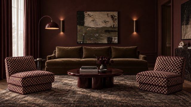 Palamède lounge chairs in Sangria checkerboard velvet, burgundy living room