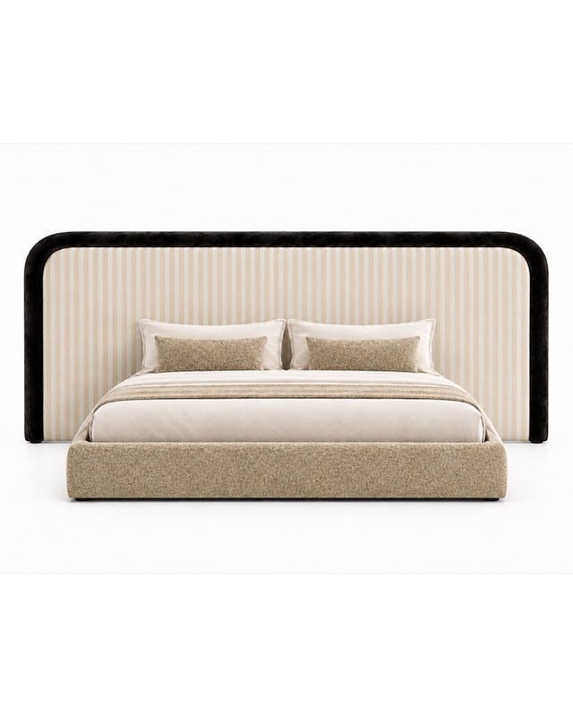 Deauville Bed, ivory and sand striped headboard framed in black velvet