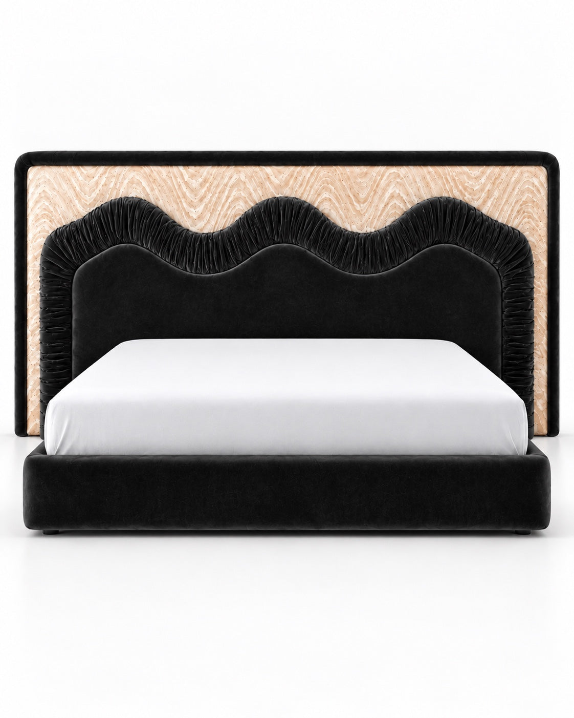 Oyster Abyssal upholstered bed, midnight velvet wave headboard and champagne moiré panel, white studio portrait
