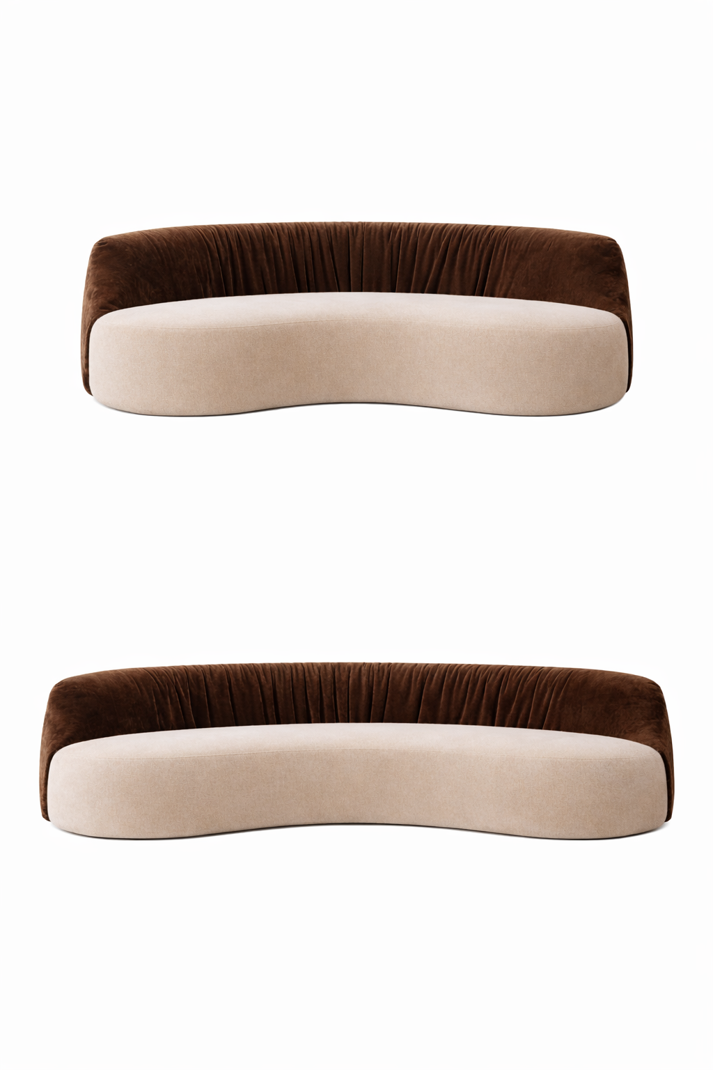 Serpentini curved sofa front and side view – sculptural crescent silhouette, luxury furniture UAE