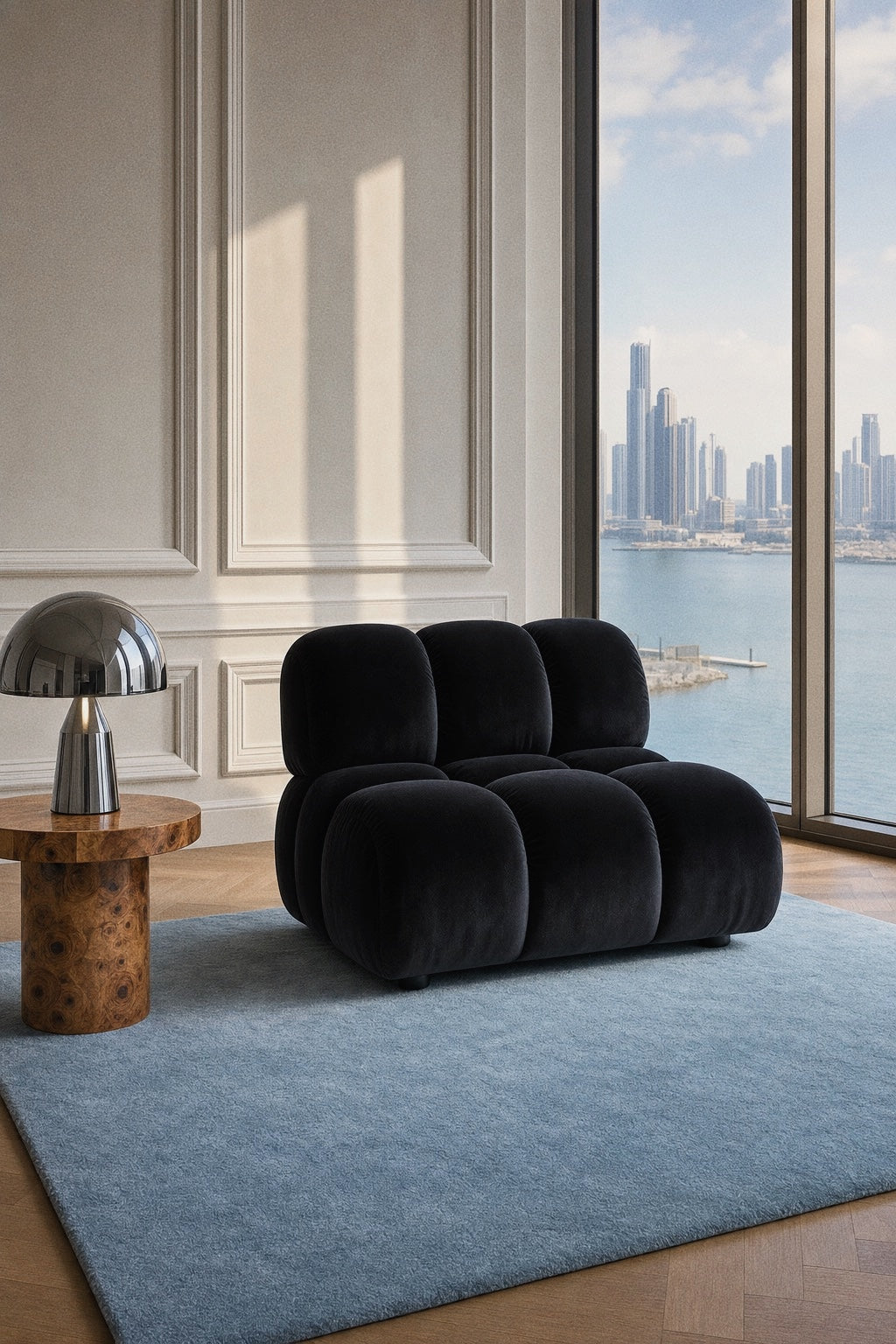 Club 89 modular sofa in Nocturne black velvet, Dubai Marina, Fall 2026 by Saint Objets