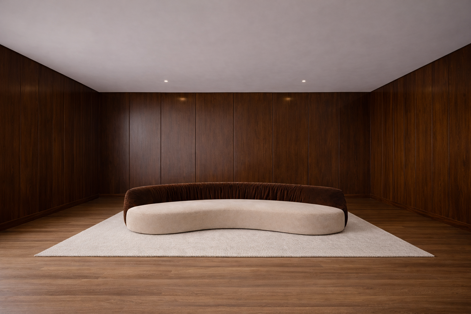 Serpentini luxury sofa in dark wood panelled room – designer curved sofa UAE, Saint Objets