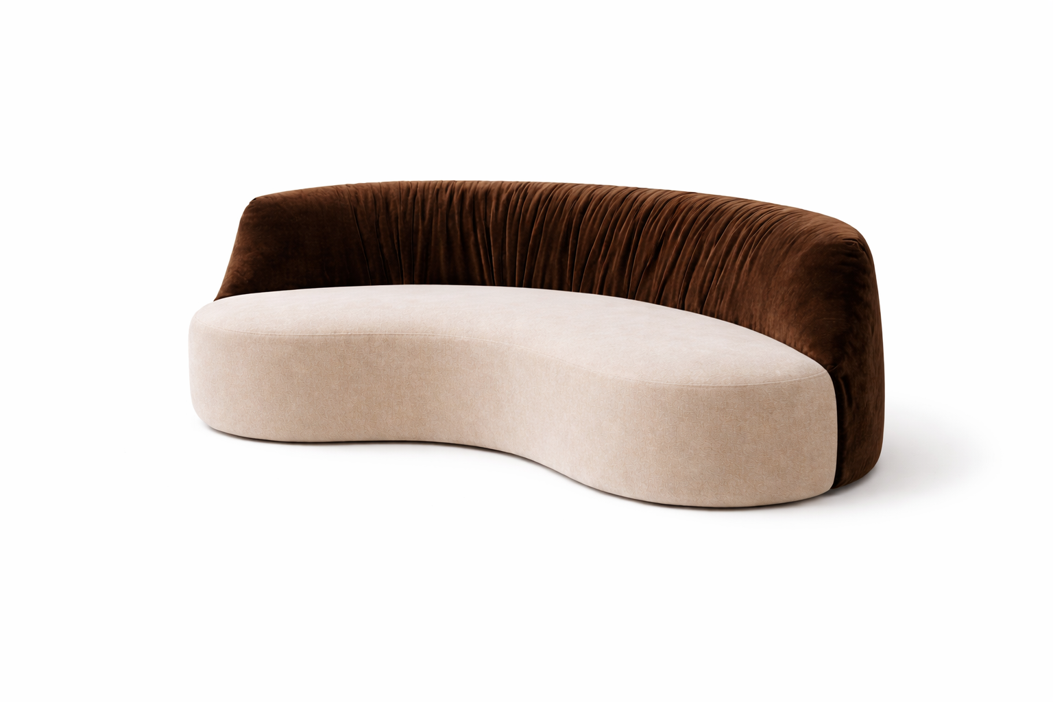 Serpentini bespoke sofa angled view – sculptural curved form, brown velvet backrest, Saint Objets UAE