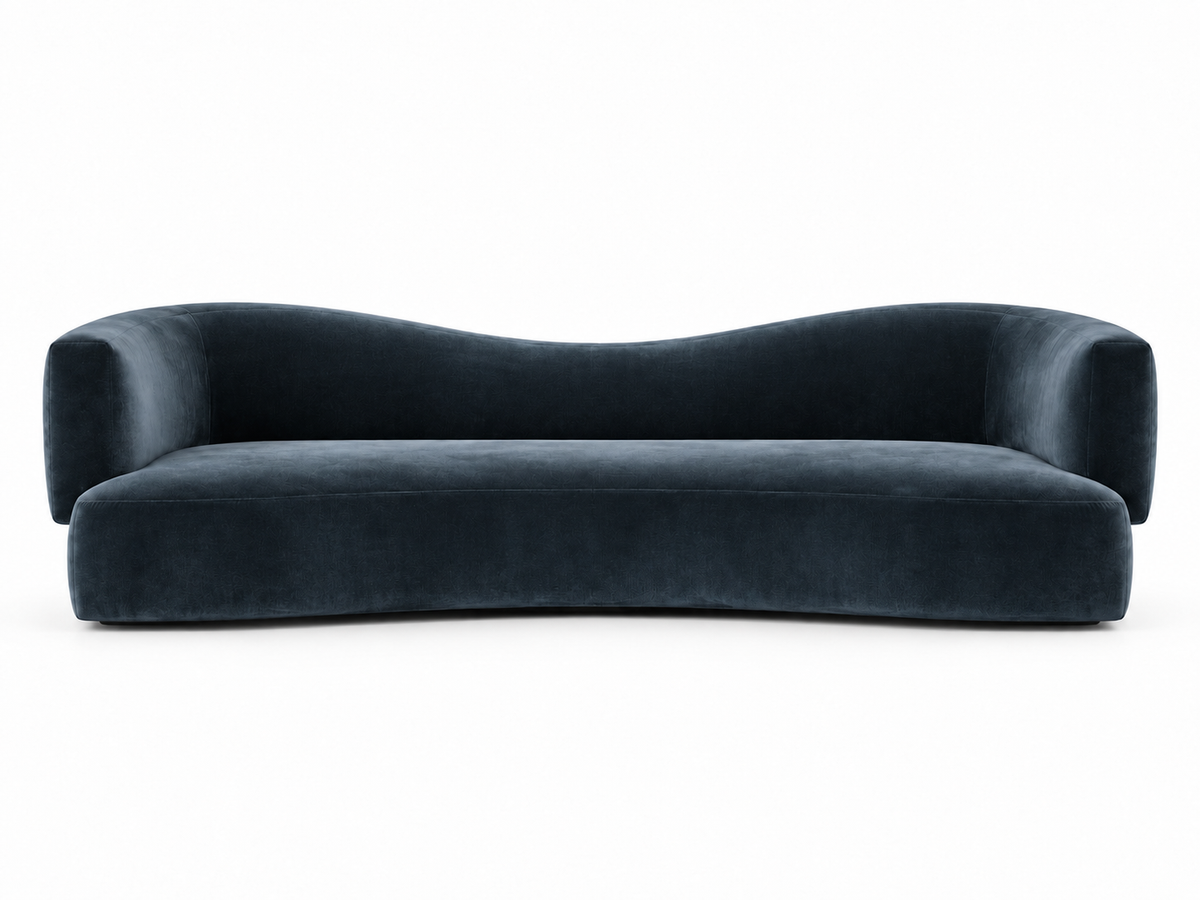 La Vague three seater sofa in Abysse petrol blue velvet, studio view, made to order in Dubai