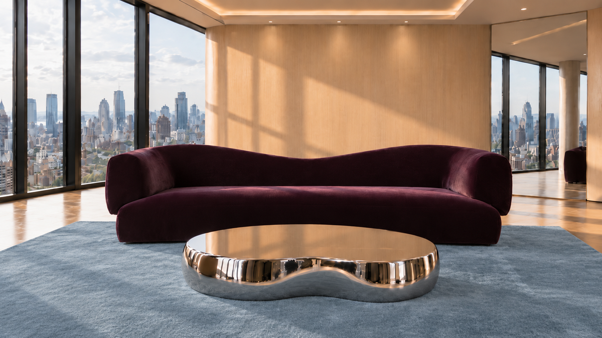 La Vague sofa in Anemone aubergine velvet, panoramic living room, by Saint Objets