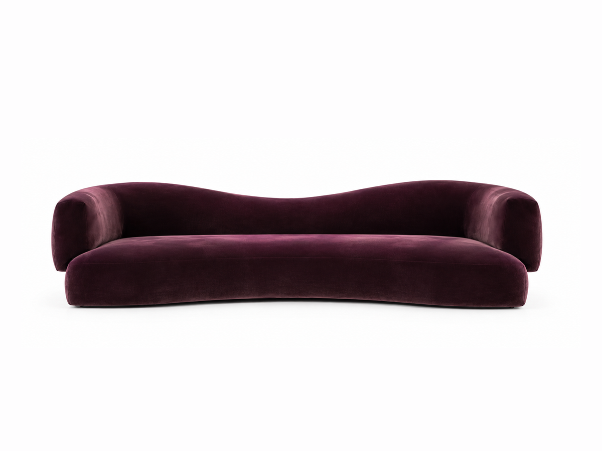 La Vague three seater sofa in Anemone aubergine velvet, studio view, made to order in Dubai