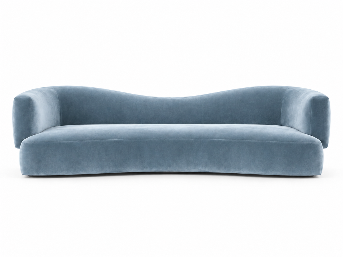 La Vague three seater sofa in Atoll dusty blue velvet, studio view, made to order in Dubai