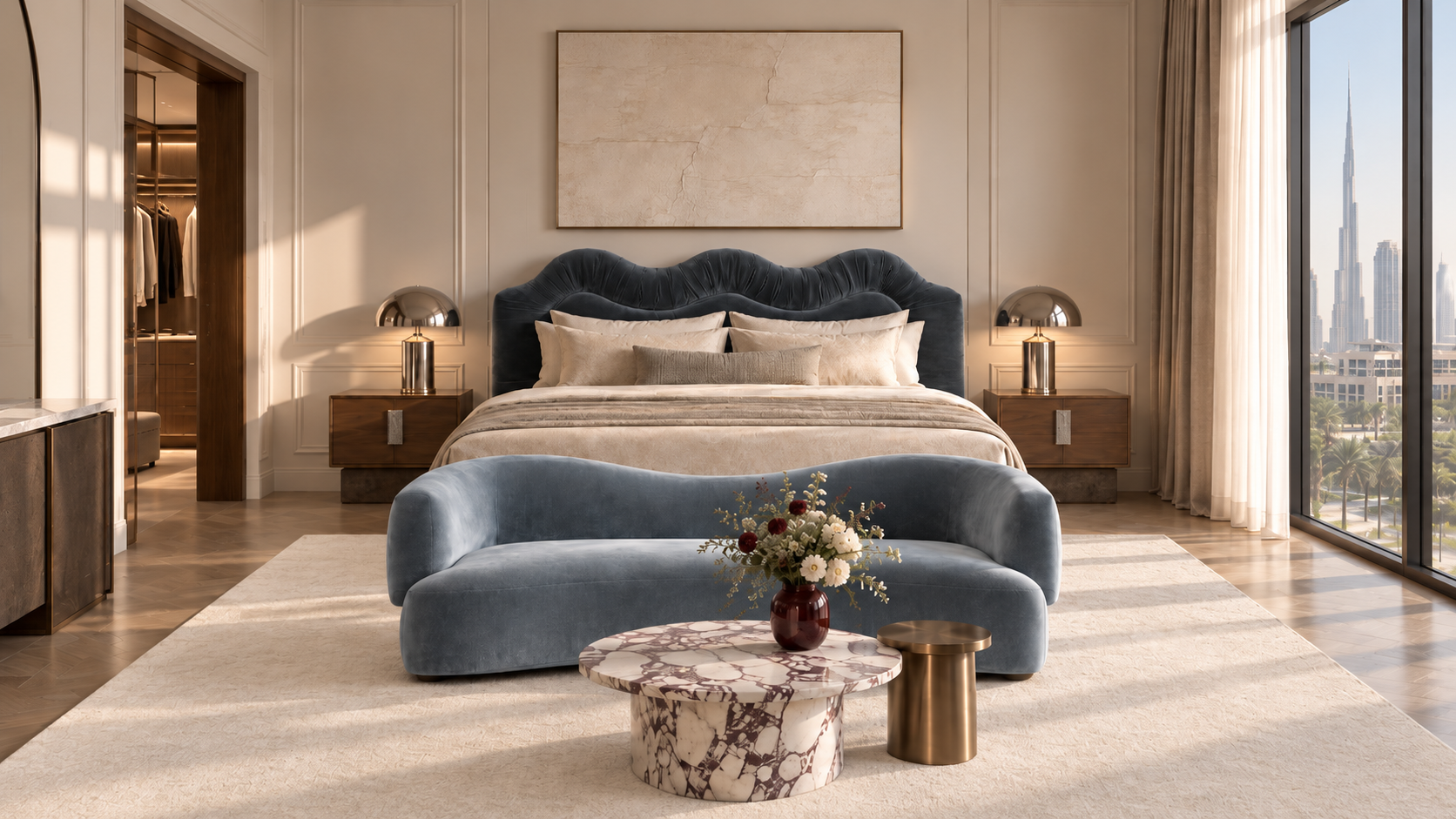 La Vague sofa in Atoll dusty blue velvet at the foot of the Nouvelle Vague bed, Dubai bedroom, Saint Objets