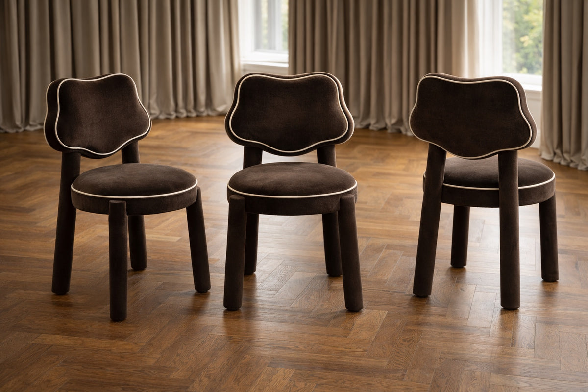 Les Abbesses dining chair in Cocoa Bear chocolate velvet with cream piping, Saint Objets Dubai, view 01