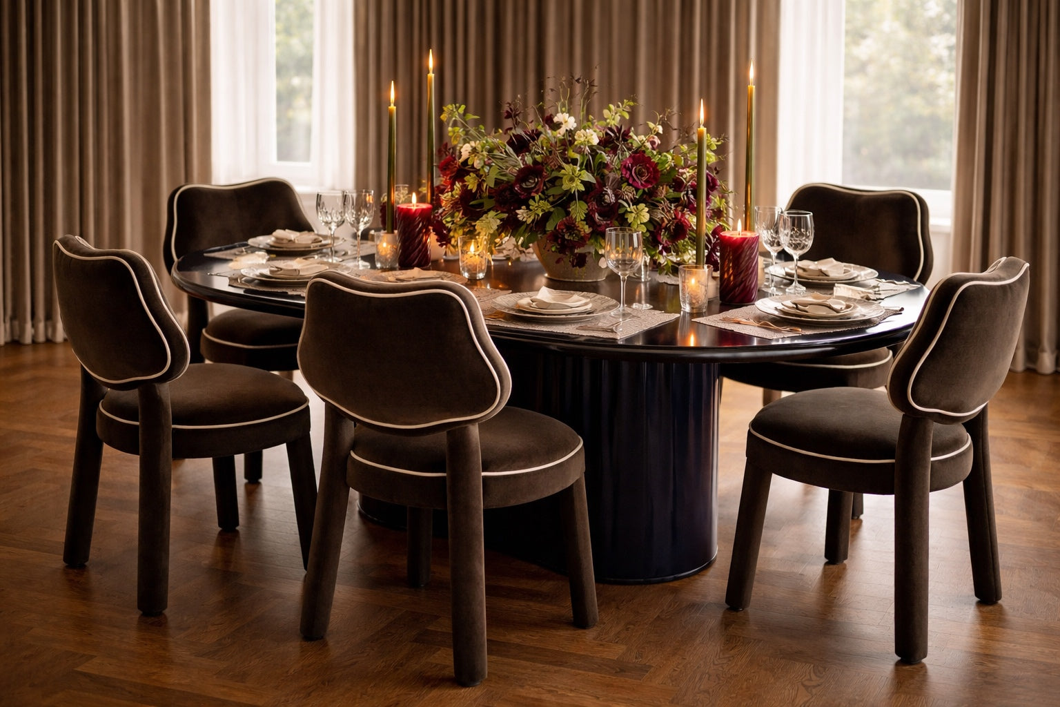 Les Abbesses dining chair in Cocoa Bear chocolate velvet with cream piping, Saint Objets Dubai, view 02