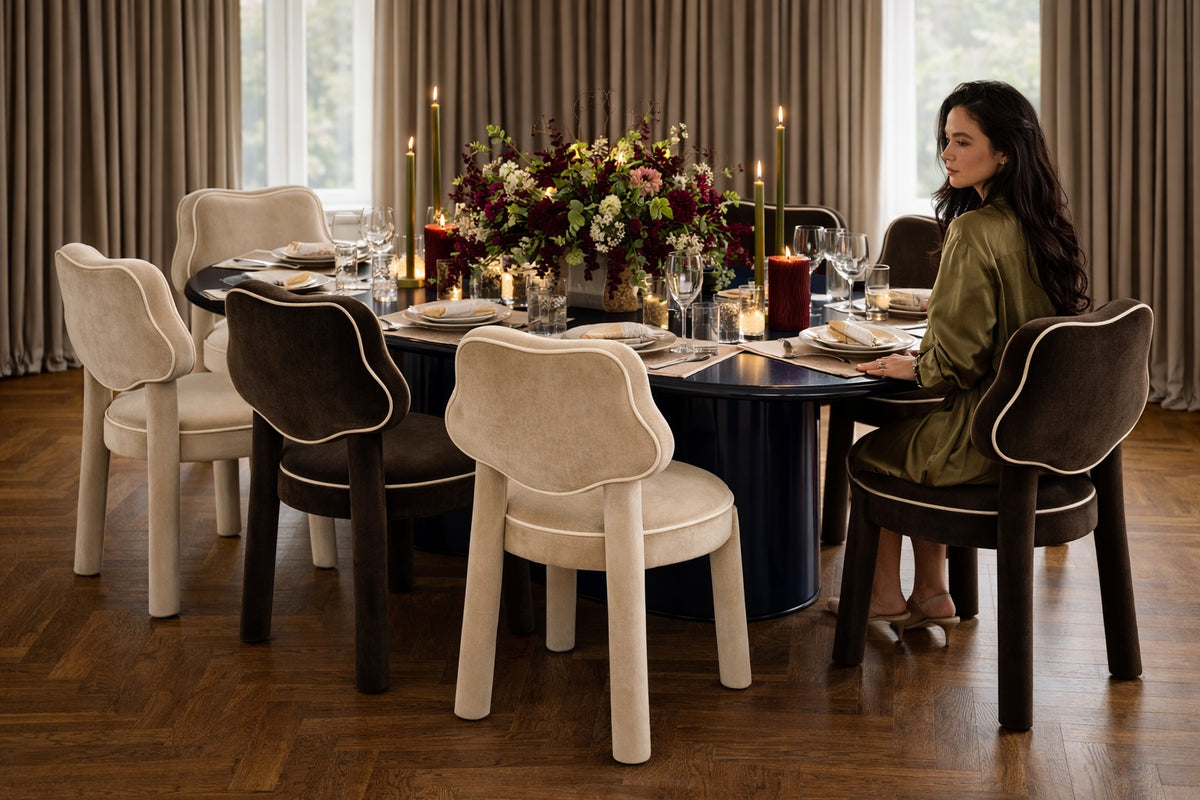 Les Abbesses dining chair in Cocoa Bear chocolate velvet with cream piping, Saint Objets Dubai, view 03