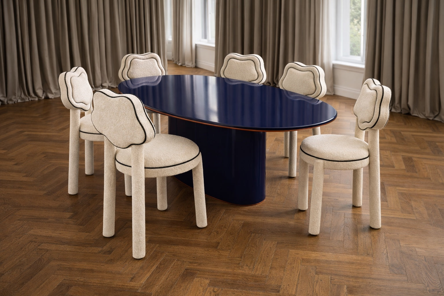 Les Abbesses dining chair in Megeve cream boucle with black piping, Saint Objets Dubai, view 02