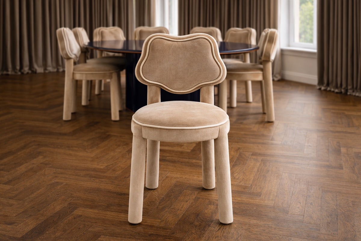 Les Abbesses dining chair in Oyster champagne velvet with tonal piping, Saint Objets Dubai, view 01