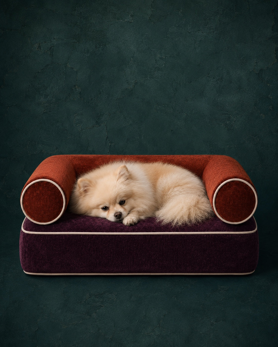 Venezia Pet Edition dog bed in Cognac and Aubergine, second view, by Saint Objets Dubai