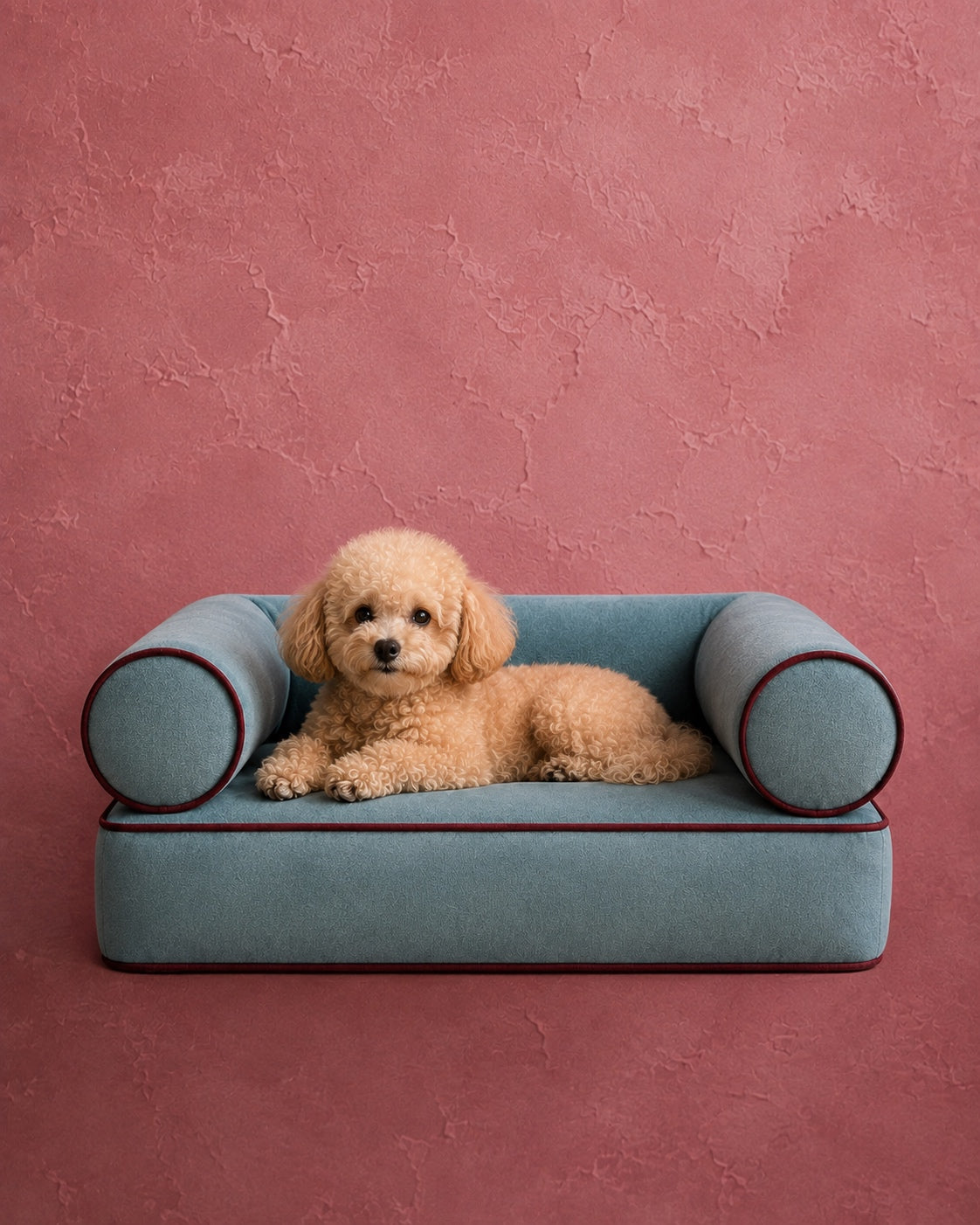 Venezia Pet Edition dog bed in Riviera pale blue with bordeaux piping by Saint Objets Dubai