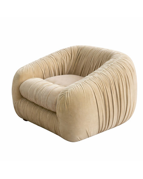 Aphrodite armchair in beige velvet, gathered by hand, three quarter view on white