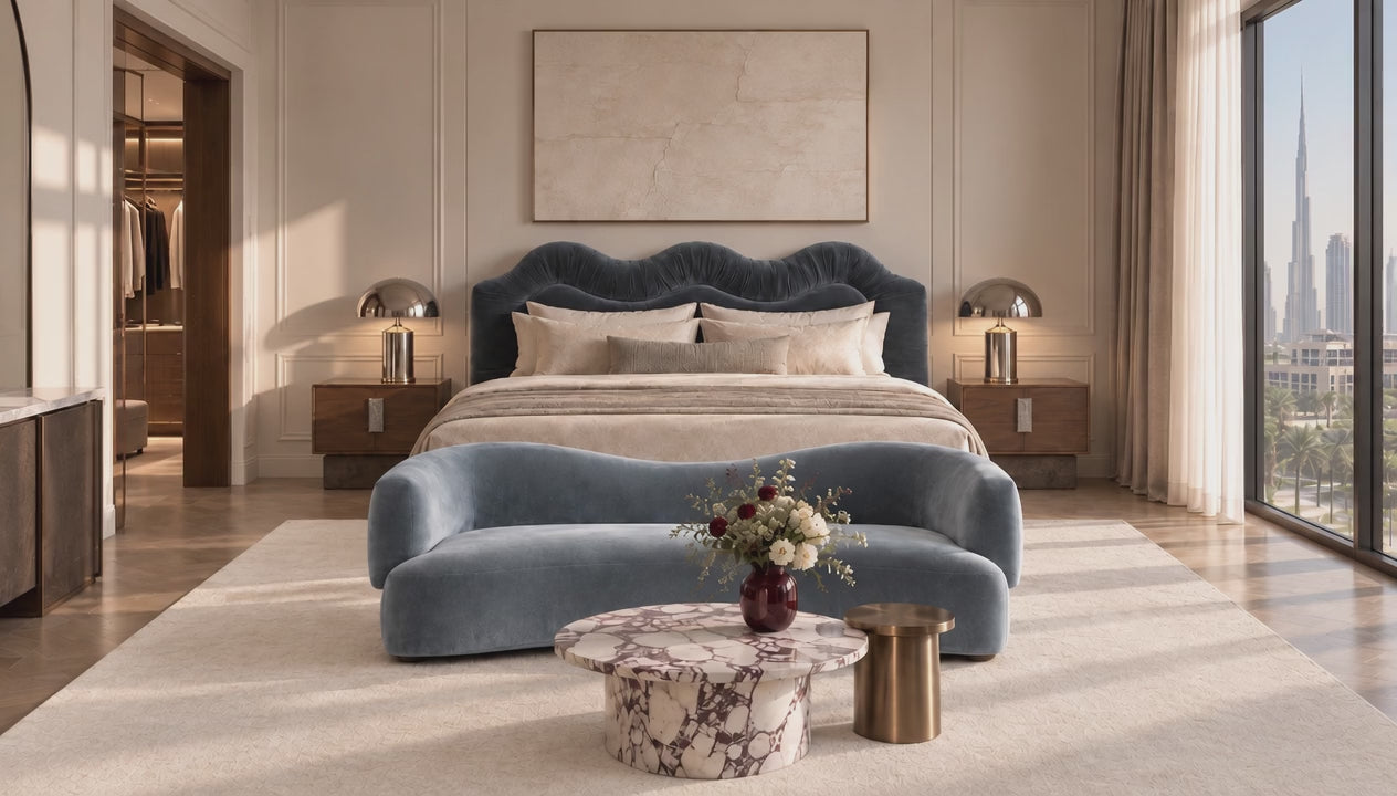 La Vague sofa in Atoll velvet, film, a bedroom in Dubai with the Nouvelle Vague bed, Saint Objets